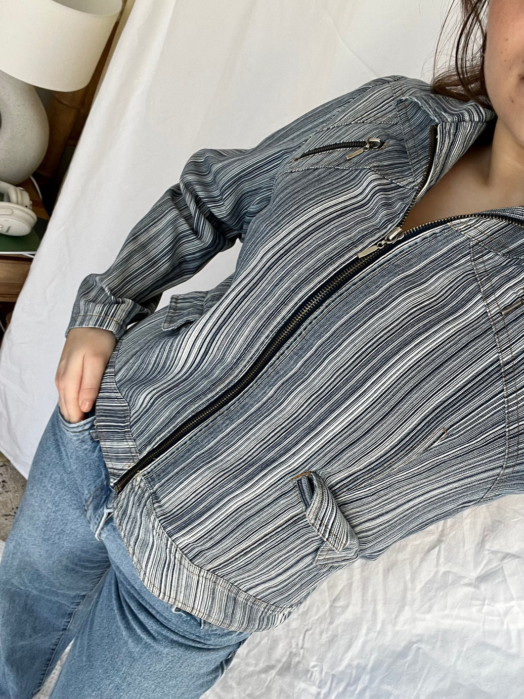 Denim Stripe Moto Jacket